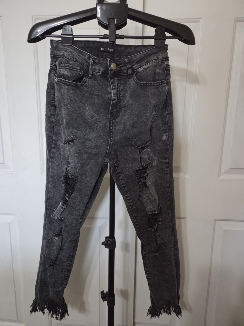 Elite Jeans Black Acid Wash Distressed Skinny Jeans Fringed Hem Size 9/10